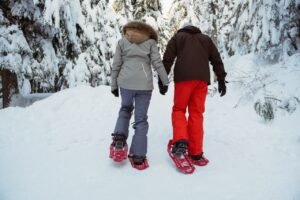 Rear view of skier couple walking on snow covered mountain